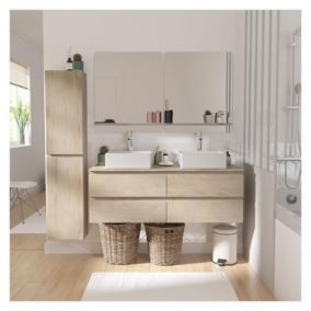 Meuble double vasque 120cm avec plan bois SORRENTO chêne +vasque+rob+miroir+co