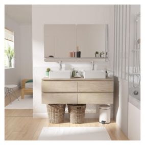 Meuble double vasque 120cm avec plan bois SORRENTO chêne+vasque+robinet+miroir
