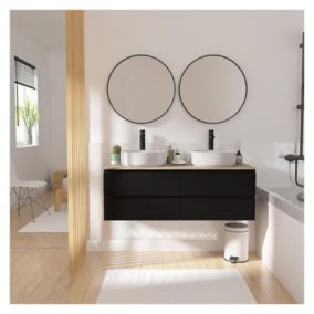 Meuble double vasque 120cm avec plan bois SORRENTO Noir +vasque+robinet+miroir