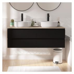 Meuble double vasque 120cm avec plan bois SORRENTO Noir +  vasque + robinet