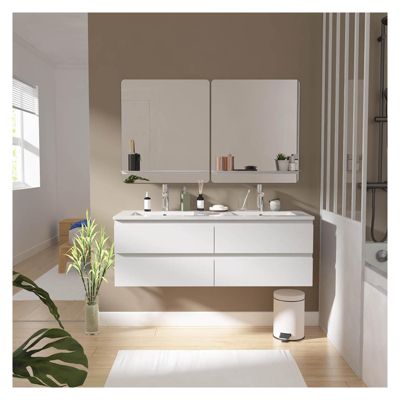 Meuble double vasque 120cm avec plan céramique SORRENTO Blanc + miroir