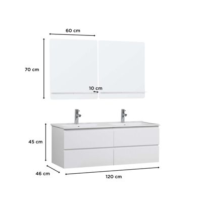 Meuble double vasque 120cm avec plan céramique SORRENTO Blanc + miroir