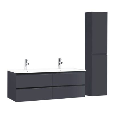 Meuble double vasque 120cm avec plan céramique SORRENTO Gris + colonne