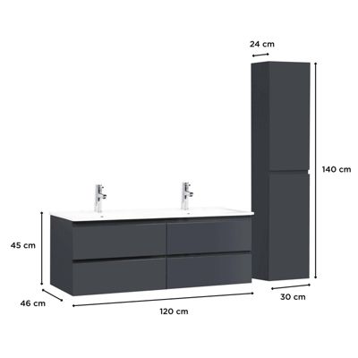 Meuble double vasque 120cm avec plan céramique SORRENTO Gris + colonne