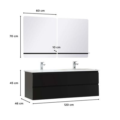 Meuble double vasque 120cm avec plan céramique SORRENTO Noir + miroir