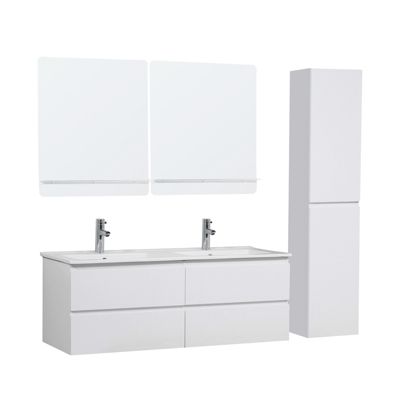 Meuble double vasque 120cm avec plan céramique SORRENTOBlanc+robinet+miroir+co