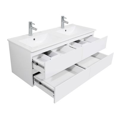 Meuble double vasque 120cm avec plan céramique SORRENTOBlanc+robinet+miroir+co