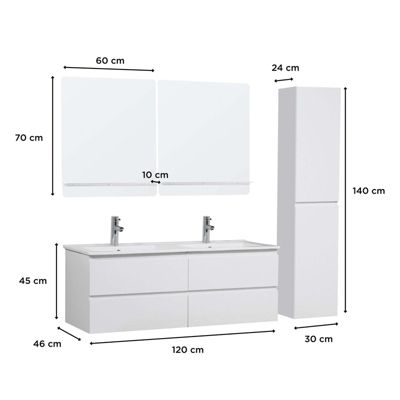 Meuble double vasque 120cm avec plan céramique SORRENTOBlanc+robinet+miroir+co