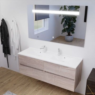Meuble double vasque 140 cm ROSALY avec miroir Elégance ht80- Bois  - vasque en résine