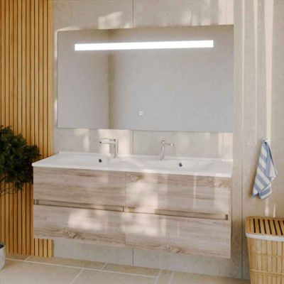 Meuble double vasque 140 cm ROSALY avec miroir ELEG PLUS ht80- Bois  - vasque en résine