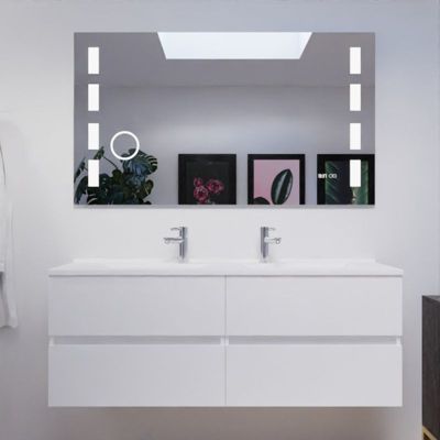 Meuble double vasque 140 cm ROSALY avec miroir LED Excell Plus- Caissons coloris Blanc  - Plan vasque en résine