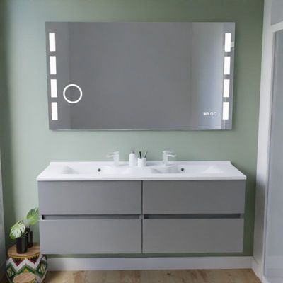 Meuble double vasque 140 cm ROSALY INOX + miroir LED Excell Plus- Gris