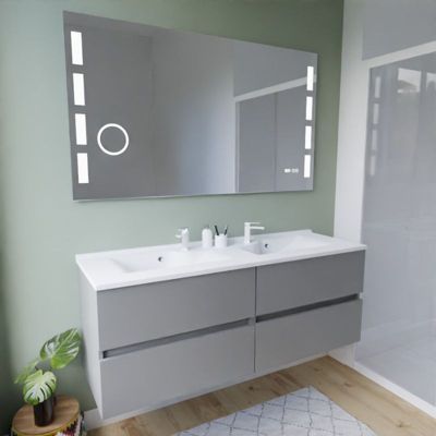 Meuble double vasque 140 cm ROSALY INOX + miroir LED Excell Plus- Gris