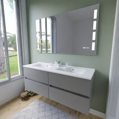 Meuble double vasque 140 cm ROSALY INOX + miroir LED Excell Plus- Gris