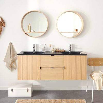 Meuble double vasque 140cm chêne STUDIO suspendu + miroir rond