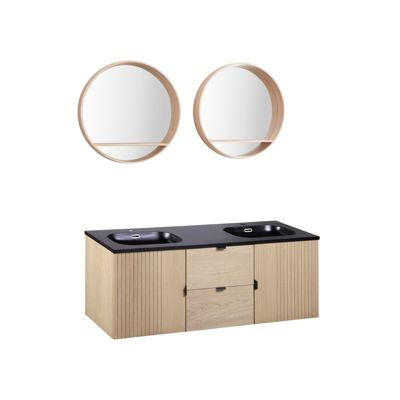 Meuble double vasque 140cm chêne STUDIO suspendu + miroir rond