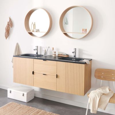 Meuble double vasque 140cm chêne STUDIO suspendu + miroir rond