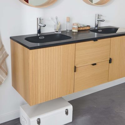 Meuble double vasque 140cm chêne STUDIO suspendu + miroir rond