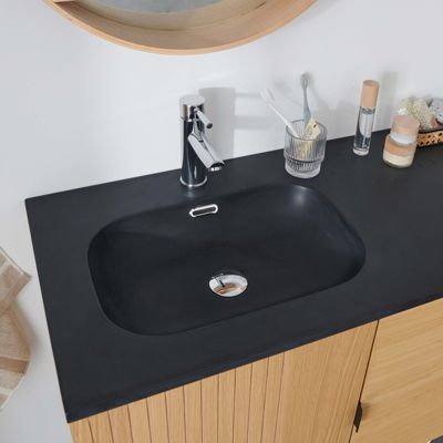 Meuble double vasque 140cm chêne STUDIO suspendu + miroir rond