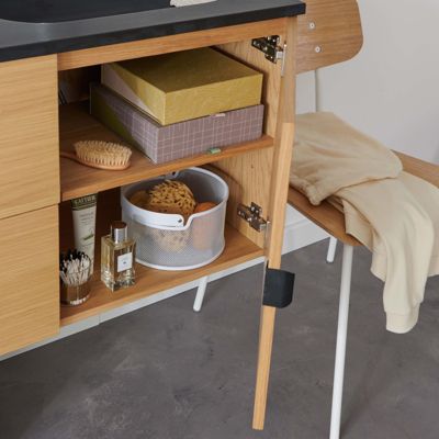 Meuble double vasque 140cm chêne STUDIO suspendu + miroir rond