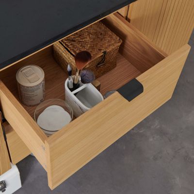 Meuble double vasque 140cm chêne STUDIO suspendu + miroir rond