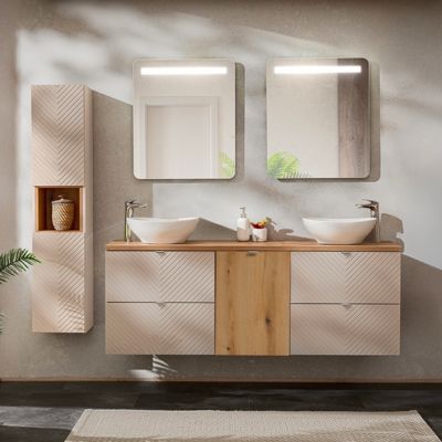 Meuble double vasque 160cm panier à linge Manoa Cachemire et bois