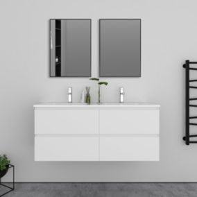 Meuble double vasque, 4tiroirs l.120 x W.46 x H.52 cm,Blanc,avec lavabo et 2x miroir encadré