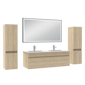 Meuble double vasque chêne wotan 120cm avec colonne et miroir 3 couleurs et dimmable