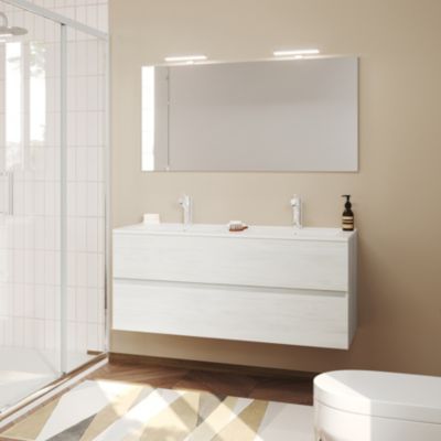 Meuble double vasque encastrée EASY - 2 tiroirs Chêne clair L. 120 cm + miroir - Saniverre