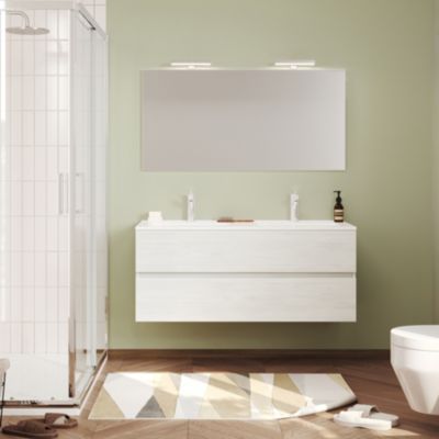 Meuble double vasque encastrée EASY - 2 tiroirs Chêne clair L. 120 cm + miroir - Saniverre