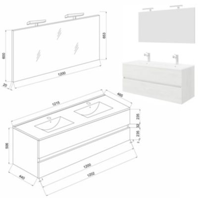 Meuble double vasque encastrée EASY - 2 tiroirs Chêne clair L. 120 cm + miroir - Saniverre