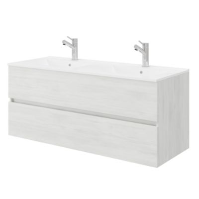 Meuble double vasque encastrée EASY - 2 tiroirs Chêne clair L. 120 cm + miroir - Saniverre