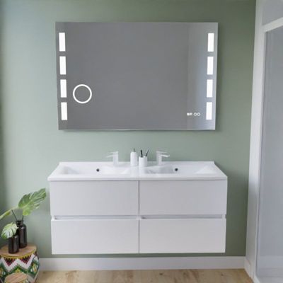 Meuble double vasque inox 120 cm ROSINOX + miroir led Excellence- Blanc- Plan vasque en Résine