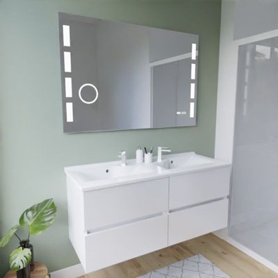 Meuble double vasque inox 120 cm ROSINOX + miroir led Excellence- Blanc- Plan vasque en Résine