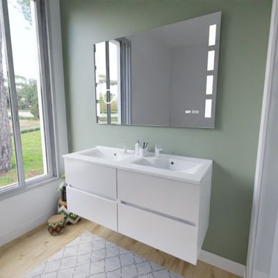 Meuble double vasque inox 120 cm ROSINOX + miroir led Excellence- Blanc- Plan vasque en Résine