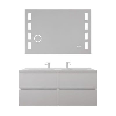 Meuble double vasque inox 120 cm ROSINOX + miroir led Excellence- Blanc- Plan vasque en Résine