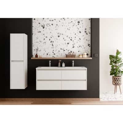 Meuble double vasque JUPITER 3.0 Blanc Brillant 140cm - Sans miroir - plan céramique et 4 tiroirs à fermeture amortie