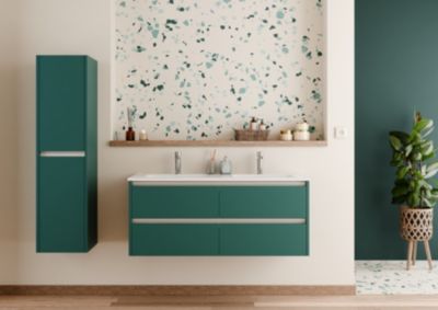 Meuble double vasque JUPITER 3.0 Bleu Canard 120cm - Sans miroir - plan céramique et 4 tiroirs à fermeture amortie