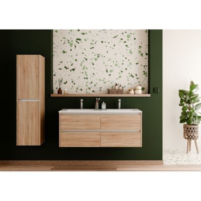Meuble double vasque JUPITER 3.0 Bois Clair 120cm - Sans miroir - plan céramique et 4 tiroirs à fermeture amortie
