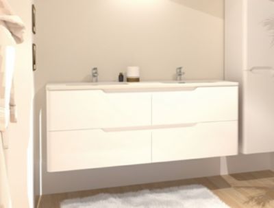Meuble double vasque Sanitaire LUNA Blanc brillant 140 cm sans miroir, plan résine blanc, 4 tiroirs, livré monté