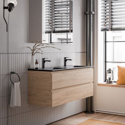 Meuble double vasque suspendu MDF Chêne miel, lavabos Noir mat + trous robinets, trop plein & Bondes - 120x46x50cm - AVA