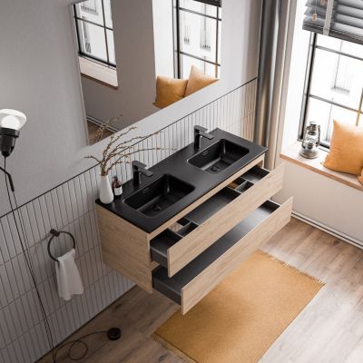Meuble double vasque suspendu MDF Chêne miel, lavabos Noir mat + trous robinets, trop plein & Bondes - 120x46x50cm - AVA