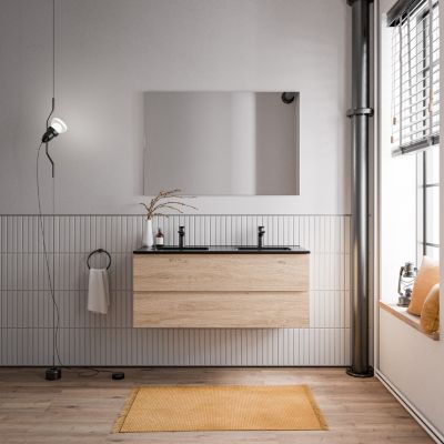 Meuble double vasque suspendu MDF Chêne miel, lavabos Noir mat + trous robinets, trop plein & Bondes - 120x46x50cm - AVA