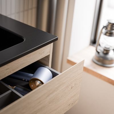 Meuble double vasque suspendu MDF Chêne miel, lavabos Noir mat + trous robinets, trop plein & Bondes - 120x46x50cm - AVA
