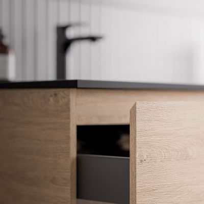 Meuble double vasque suspendu MDF Chêne miel, lavabos Noir mat + trous robinets, trop plein & Bondes - 120x46x50cm - AVA