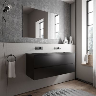 Meuble double vasque suspendu MDF Noir mat, 2 lavabos fonte Noir mat sans trou robinet - 120x46x50cm - AVA CREAM