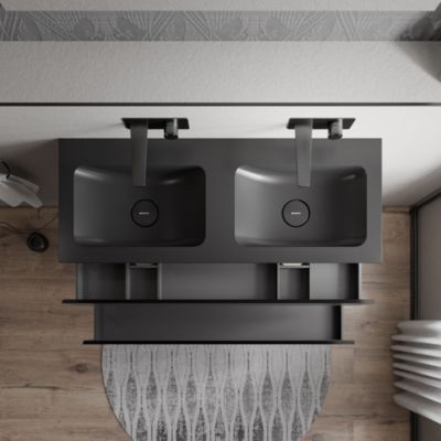 Meuble double vasque suspendu MDF Noir mat, 2 lavabos fonte Noir mat sans trou robinet - 120x46x50cm - AVA CREAM