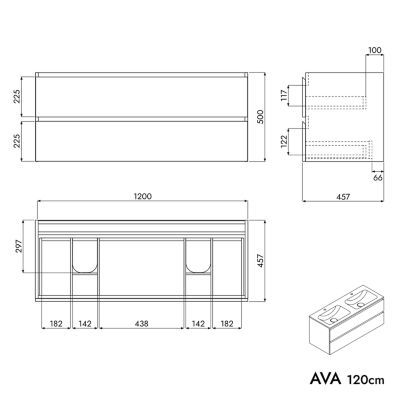 Meuble double vasque suspendu MDF Noir mat, 2 lavabos fonte Noir mat sans trou robinet - 120x46x50cm - AVA CREAM