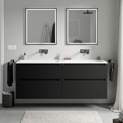 Meuble double vasque suspendu MDF Noir mat, lavabos fonte Blanc mat sans trou robinet, tiroirs pivotants - 160x46x62cm - VIREO