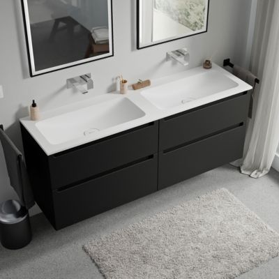 Meuble double vasque suspendu MDF Noir mat, lavabos fonte Blanc mat sans trou robinet, tiroirs pivotants - 160x46x62cm - VIREO